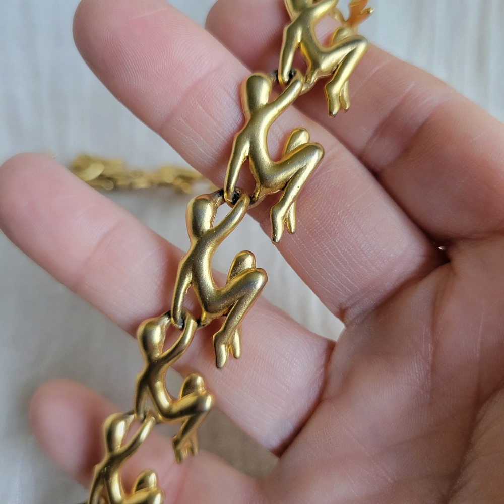 Necklace Pierced Earring Set Human Figures Matte Gold Vintage 1990s Statement - Picture 5 of 11